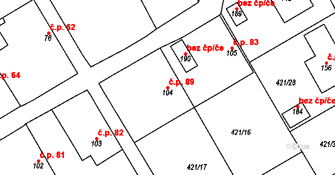 Dušejov 89 na parcele st. 104 v KÚ Dušejov, Katastrální mapa