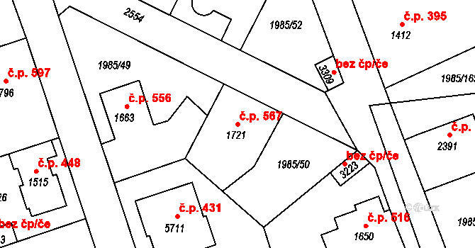 Beroun-Závodí 567, Beroun na parcele st. 1721 v KÚ Beroun, Katastrální mapa