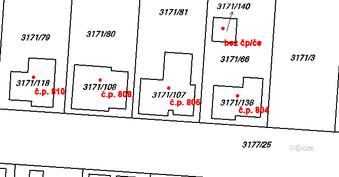 Prušánky 806 na parcele st. 3171/107 v KÚ Prušánky, Katastrální mapa