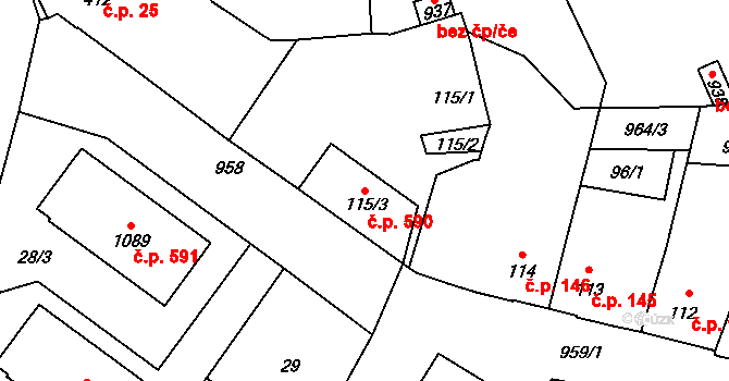 Borohrádek 590 na parcele st. 115/3 v KÚ Borohrádek, Katastrální mapa