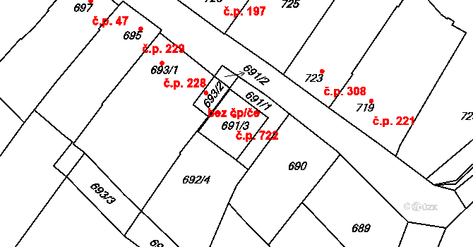 Vnorovy 722 na parcele st. 691/3 v KÚ Vnorovy, Katastrální mapa
