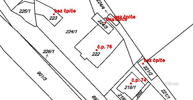Žárová 76, Velké Losiny na parcele st. 222 v KÚ Žárová, Katastrální mapa
