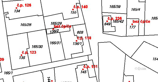 Roztoky 118 na parcele st. 136/1 v KÚ Roztoky u Křivoklátu, Katastrální mapa