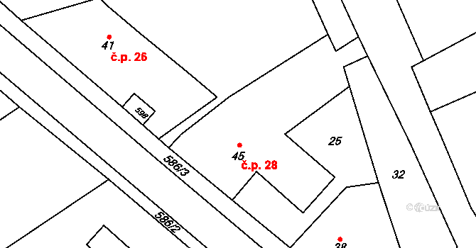 Borek 28 na parcele st. 45 v KÚ Borek u Chotěboře, Katastrální mapa