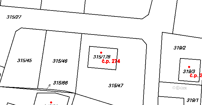 Bdeněves 274 na parcele st. 315/178 v KÚ Bdeněves, Katastrální mapa