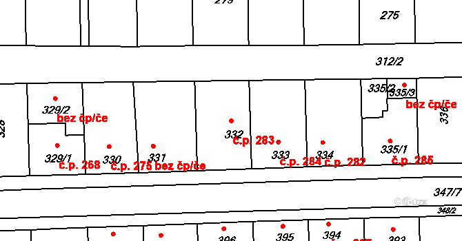 Hlohovec 283 na parcele st. 332 v KÚ Hlohovec, Katastrální mapa