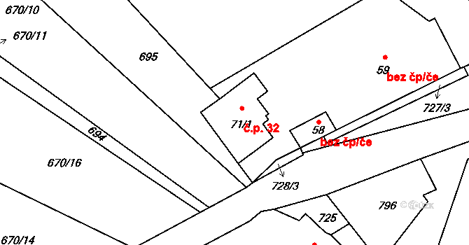 Malinec 32, Kbel na parcele st. 71/1 v KÚ Malinec, Katastrální mapa