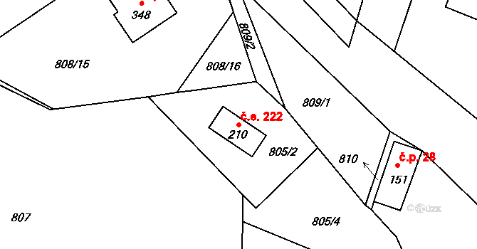 Maxov 222, Radvanec na parcele st. 210 v KÚ Radvanec, Katastrální mapa