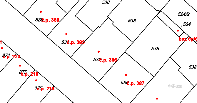 Sudoměřice 386 na parcele st. 532 v KÚ Sudoměřice, Katastrální mapa