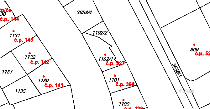 Vyškov-Předměstí 227, Vyškov na parcele st. 1102/1 v KÚ Vyškov, Katastrální mapa