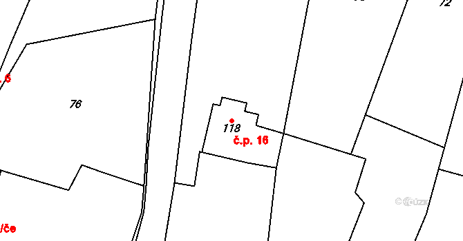 Třebnouševes 16 na parcele st. 118 v KÚ Třebnouševes, Katastrální mapa