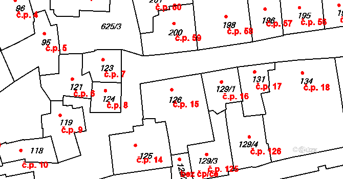 Zámostí 15, Třebíč na parcele st. 126 v KÚ Podklášteří, Katastrální mapa