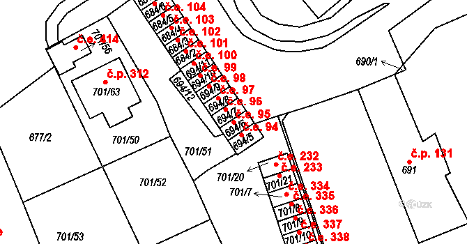 Bystřice 95, Dubí na parcele st. 694/6 v KÚ Dubí-Bystřice, Katastrální mapa