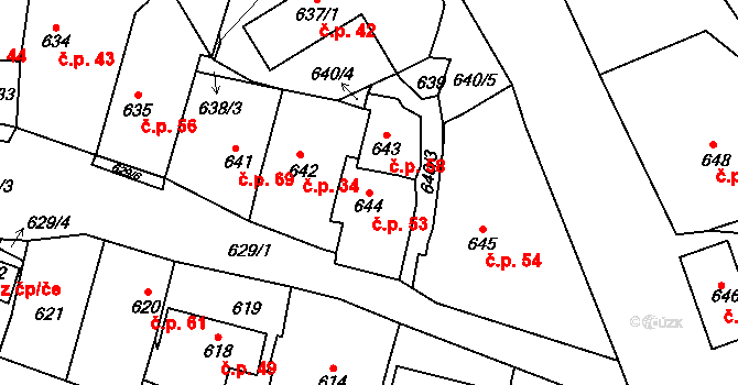 Podlázky 53, Mladá Boleslav na parcele st. 644 v KÚ Podlázky, Katastrální mapa