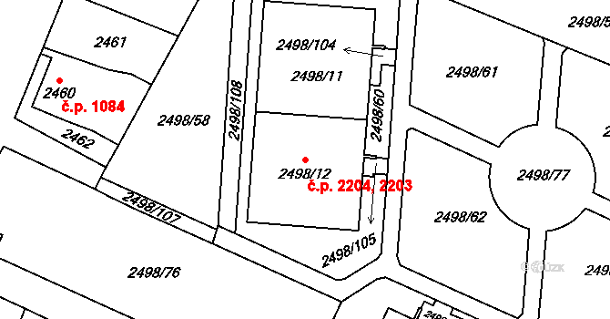 Horní Počernice 2203,2204, Praha na parcele st. 2498/12 v KÚ Horní Počernice, Katastrální mapa