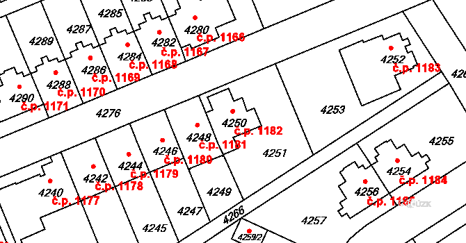 Záběhlice 1182, Praha na parcele st. 4250 v KÚ Záběhlice, Katastrální mapa