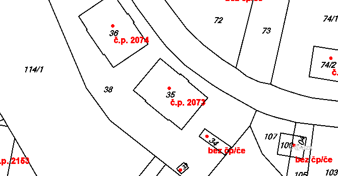 Komořany 2073, Praha na parcele st. 35 v KÚ Komořany, Katastrální mapa