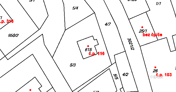 Dubá 116 na parcele st. 615 v KÚ Dubá, Katastrální mapa