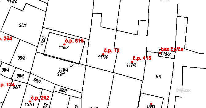 Rosice 73 na parcele st. 117/4 v KÚ Rosice u Brna, Katastrální mapa