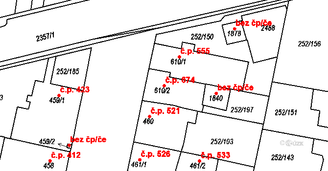Rosice 674 na parcele st. 610/2 v KÚ Rosice u Brna, Katastrální mapa