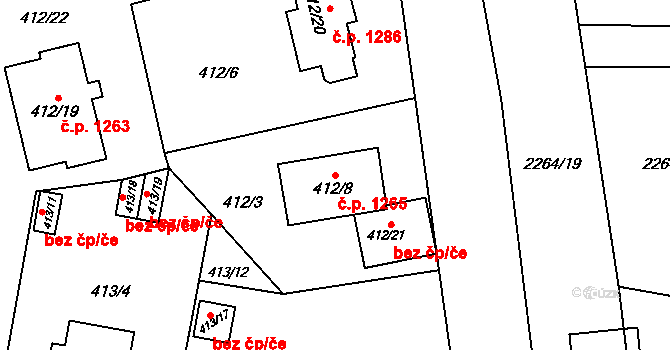 Doubravka 1265, Plzeň na parcele st. 412/8 v KÚ Doubravka, Katastrální mapa