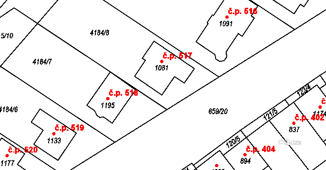 Březí 517 na parcele st. 1081 v KÚ Březí u Mikulova, Katastrální mapa