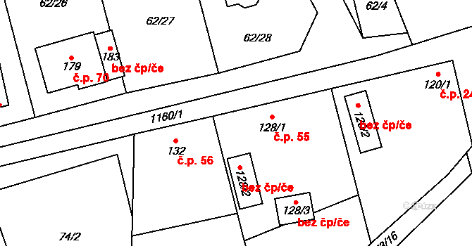 Smilkov 55 na parcele st. 128/1 v KÚ Smilkov, Katastrální mapa