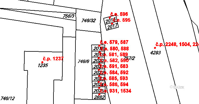 Blansko 580,588 na parcele st. 2019 v KÚ Blansko, Katastrální mapa