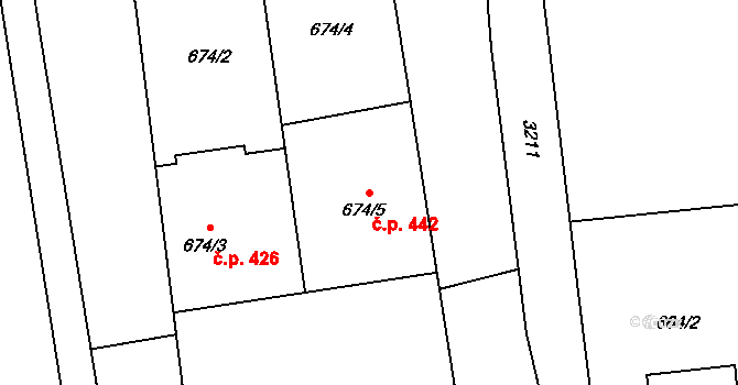 Píšť 442 na parcele st. 674/5 v KÚ Píšť, Katastrální mapa