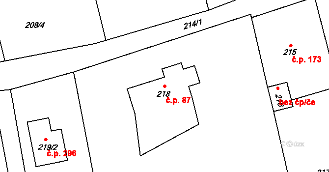 Horní Žukov 87, Český Těšín na parcele st. 218 v KÚ Horní Žukov, Katastrální mapa