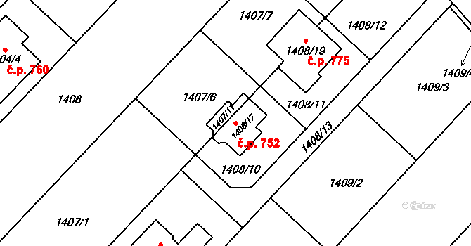 Troubsko 752 na parcele st. 1408/17 v KÚ Troubsko, Katastrální mapa