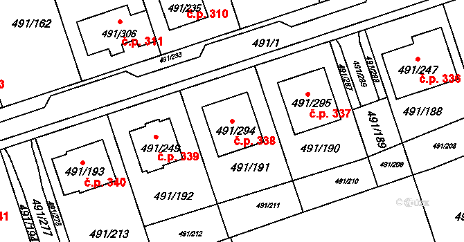 Kanice 338 na parcele st. 491/294 v KÚ Kanice, Katastrální mapa