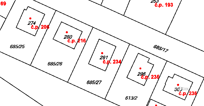 Herálec 234 na parcele st. 291 v KÚ Herálec, Katastrální mapa