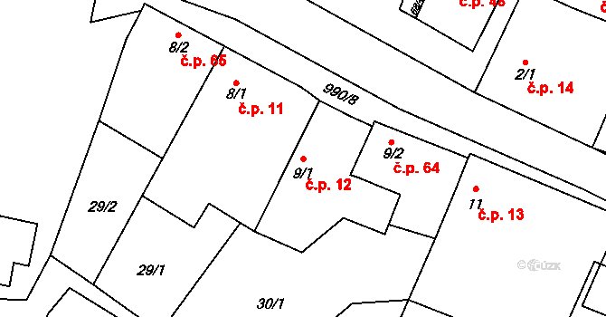 Suchdol 12 na parcele st. 9/1 v KÚ Suchdol u Konice, Katastrální mapa