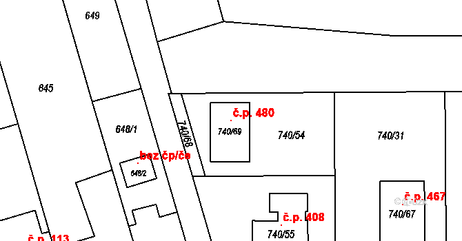 Vřesina 480 na parcele st. 740/69 v KÚ Vřesina u Opavy, Katastrální mapa