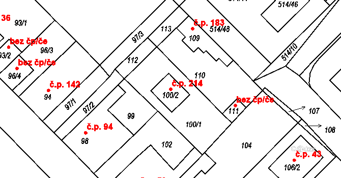 Srby 214, Tuchlovice na parcele st. 100/2 v KÚ Srby u Tuchlovic, Katastrální mapa
