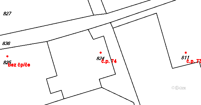 Bělotín 74 na parcele st. 824 v KÚ Bělotín, Katastrální mapa