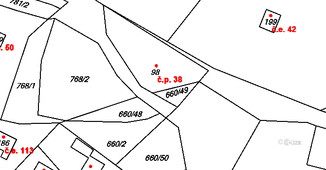 Čeřenice 38, Sázava na parcele st. 98 v KÚ Čeřenice, Katastrální mapa