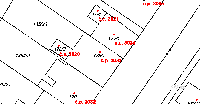 Jihlava 3033 na parcele st. 178/1 v KÚ Bedřichov u Jihlavy, Katastrální mapa