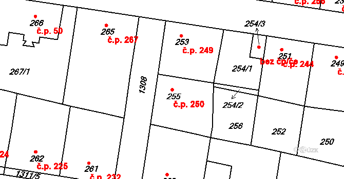 Tuchlovice 250 na parcele st. 255 v KÚ Tuchlovice, Katastrální mapa