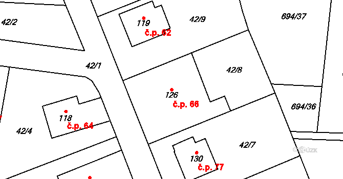 Milovice u Hořic 66 na parcele st. 126 v KÚ Milovice u Hořic, Katastrální mapa