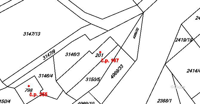 Francova Lhota 167 na parcele st. 201 v KÚ Francova Lhota, Katastrální mapa