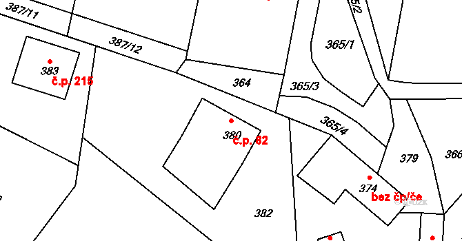 Hrachovec 82, Valašské Meziříčí na parcele st. 380 v KÚ Hrachovec, Katastrální mapa