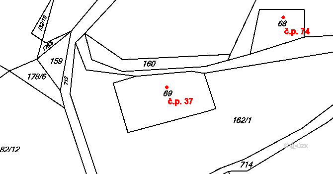 Ohrazenice 37 na parcele st. 69 v KÚ Ohrazenice u Jinec, Katastrální mapa