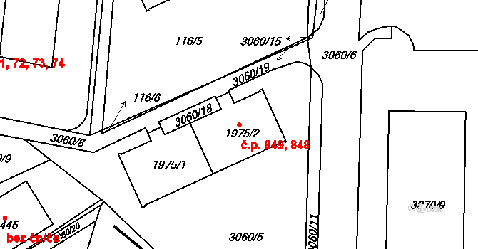 Žichlínské Předměstí 848,849, Lanškroun na parcele st. 1975/2 v KÚ Lanškroun, Katastrální mapa