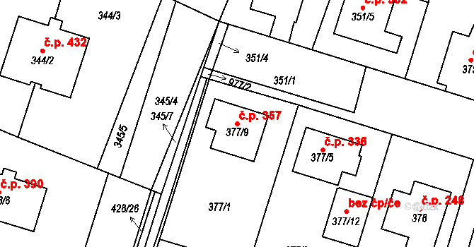 Kostomlaty nad Labem 357 na parcele st. 377/9 v KÚ Kostomlaty nad Labem, Katastrální mapa