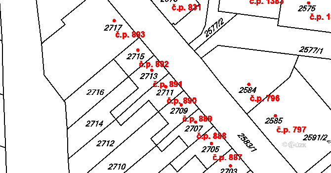 Kadaň 890 na parcele st. 2711 v KÚ Kadaň, Katastrální mapa