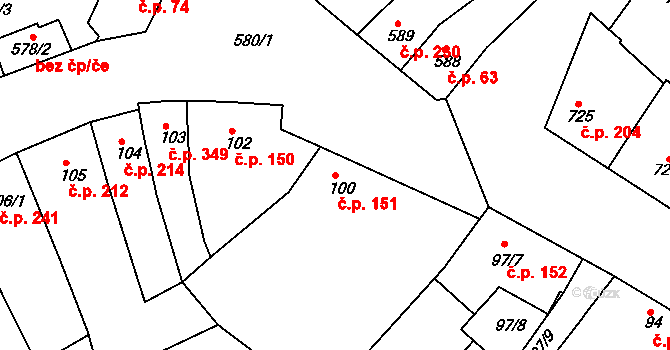 Žebětín 151, Brno na parcele st. 100 v KÚ Žebětín, Katastrální mapa