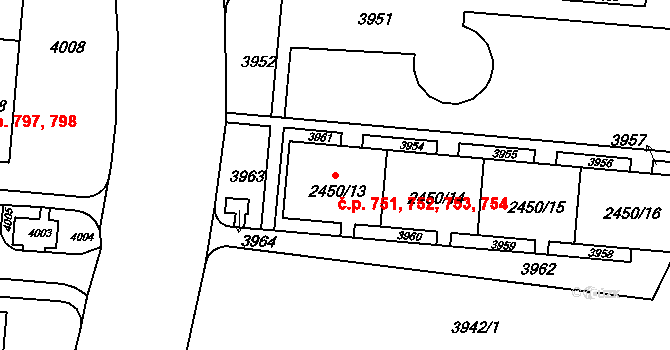 Komín 751,752,753,754, Brno na parcele st. 2450/13 v KÚ Komín, Katastrální mapa
