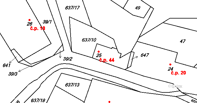 Roubanina 44 na parcele st. 25 v KÚ Roubanina, Katastrální mapa